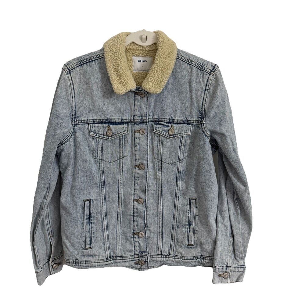 Old Navy Jean Jacket Womens Large Blue Sherpa Lined Oversized Boyfriend Denim‎